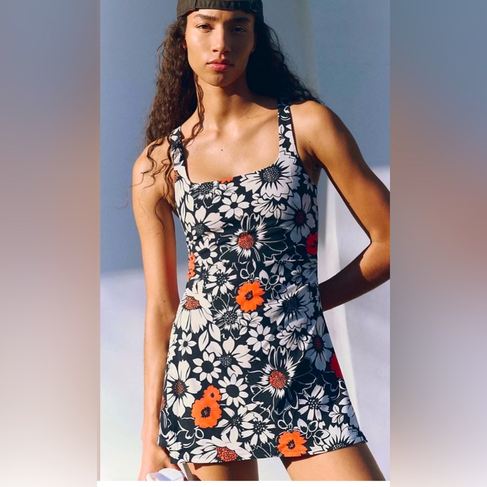Floral Square-Neck Mini Dress in Black with Orange Accents